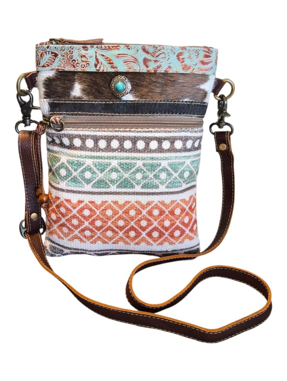 Myra Bag Upcycled Woven Canvas with Leather Trim Crossbody with Turquoise Concho
